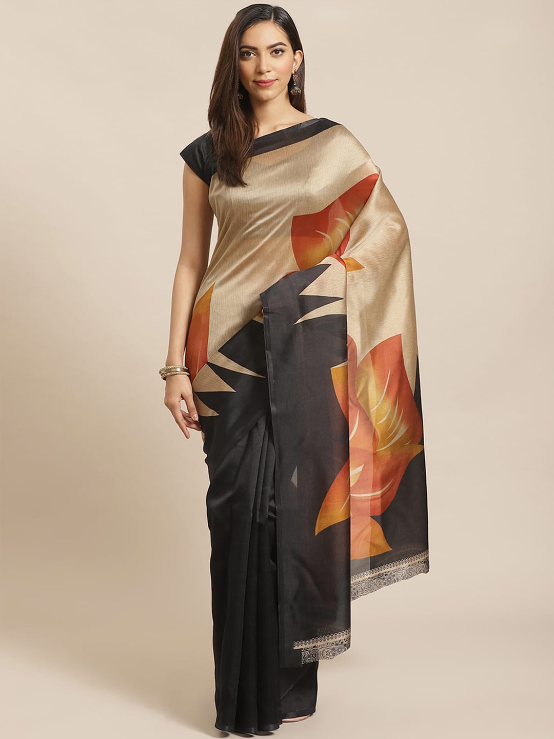 

Mitera Black & Brown Floral Art Silk Banarasi Saree