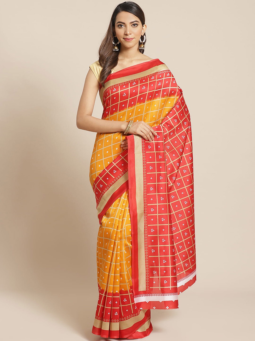 

Mitera Yellow & Orange Bandhani Printed Banarasi Saree