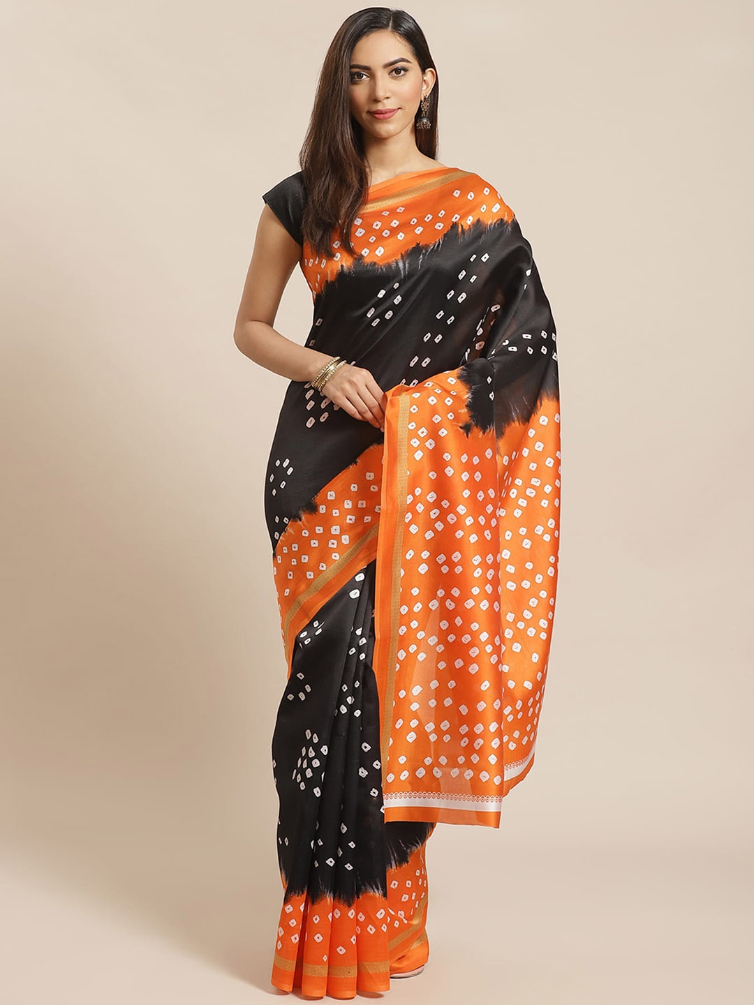 

Mitera Black & Orange Bandhani Art Silk Banarasi Saree