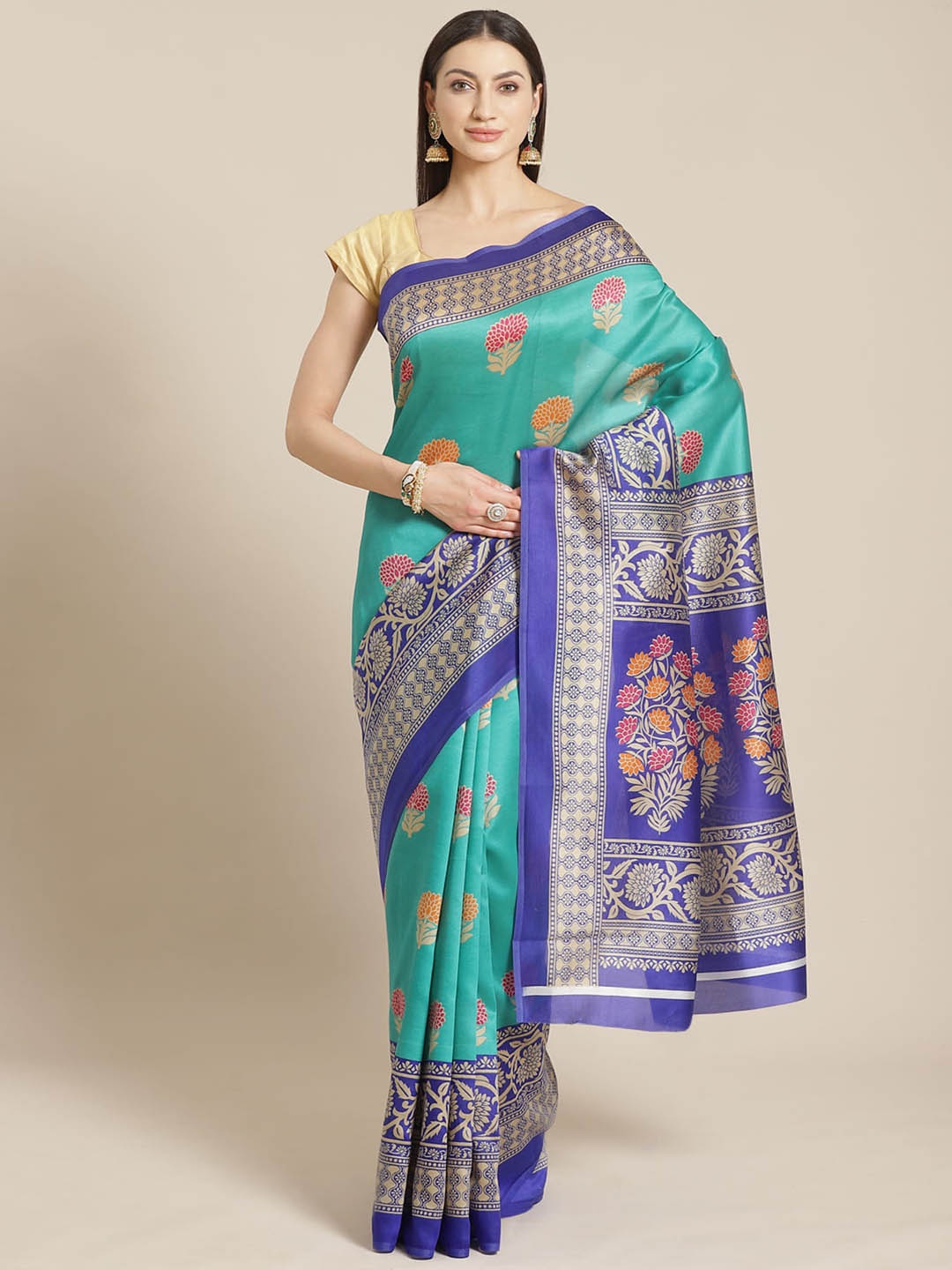 

Mitera Turquoise Blue Ethnic Motifs Printed Banarasi Saree