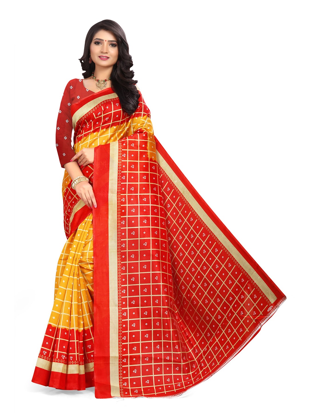 

Mitera Checked Art Silk Banarasi Saree, Yellow