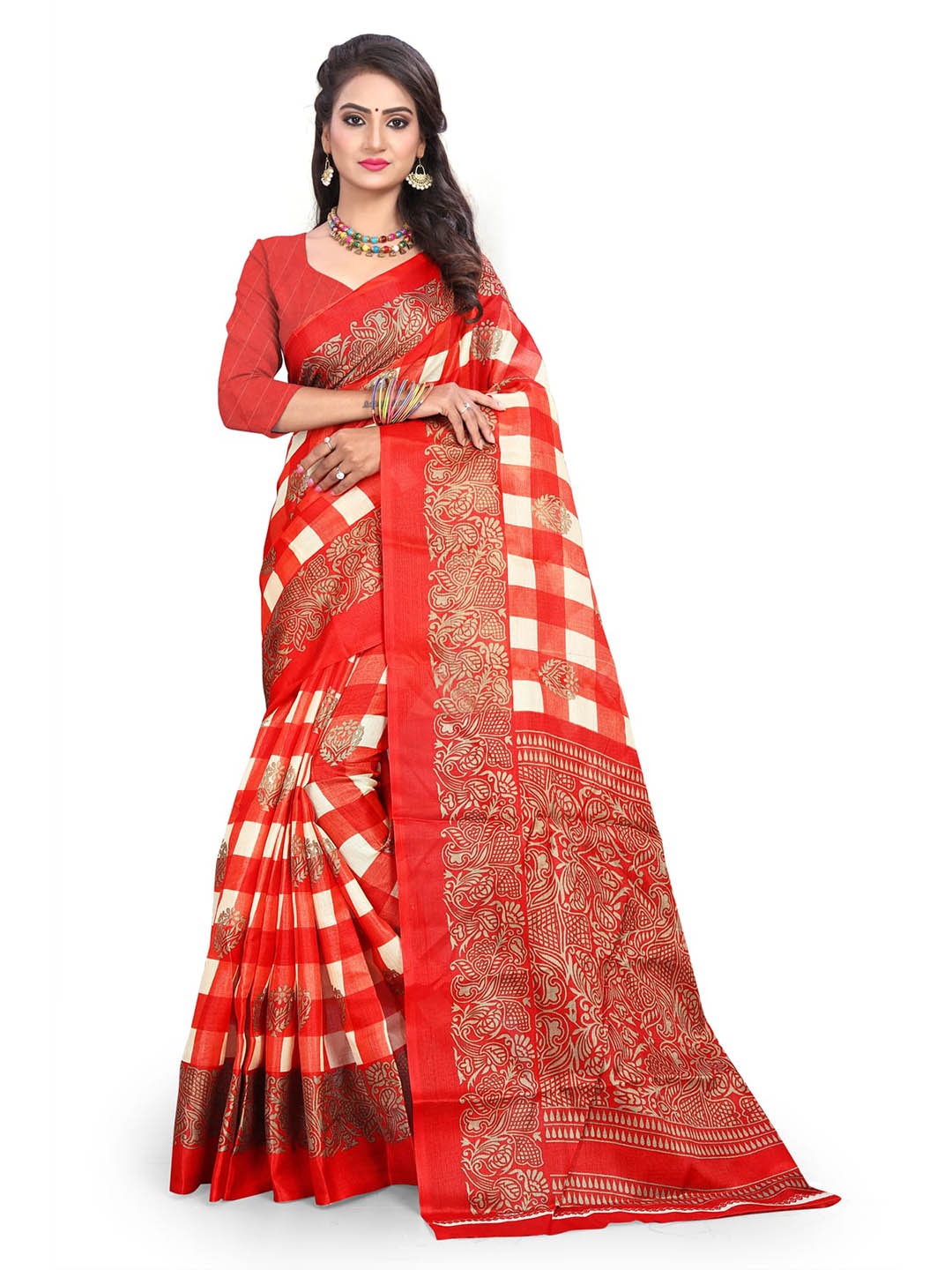 

Mitera Ethnic Motifs Printed Art Silk Saree, Red