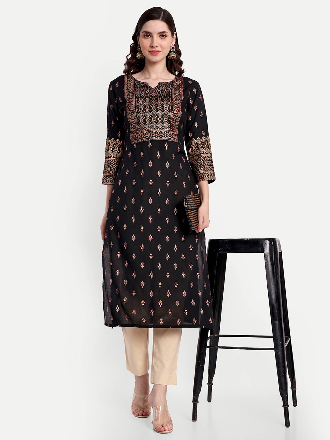 

githaan Ethnic Motifs Printed Straight Kurta, Black