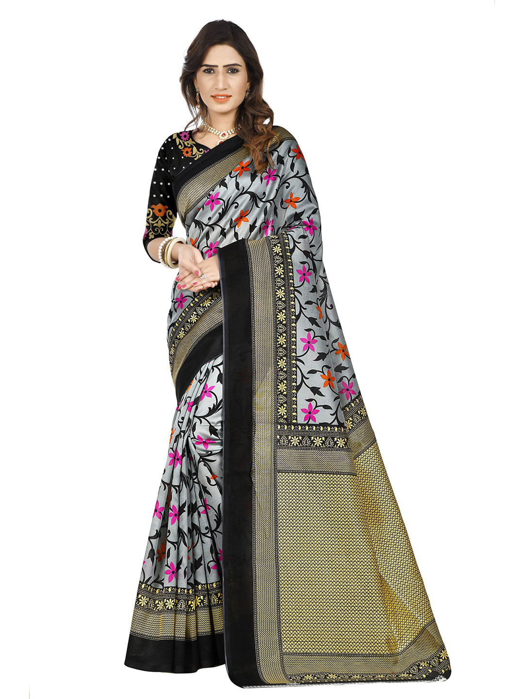 

KALINI Floral Printed Banarasi Saree, Grey