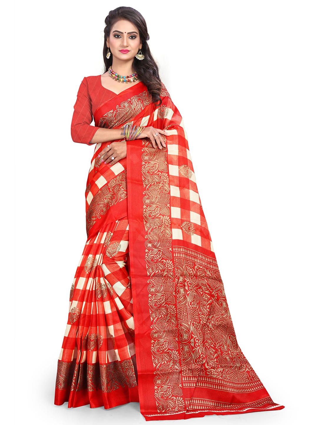 

KALINI Checked Banarasi Saree, Red