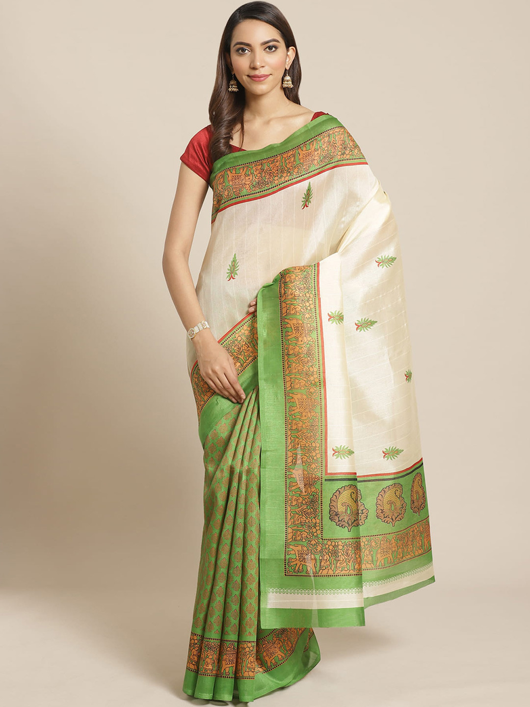 

KALINI Floral Printed Art Silk Banarasi Saree, Green