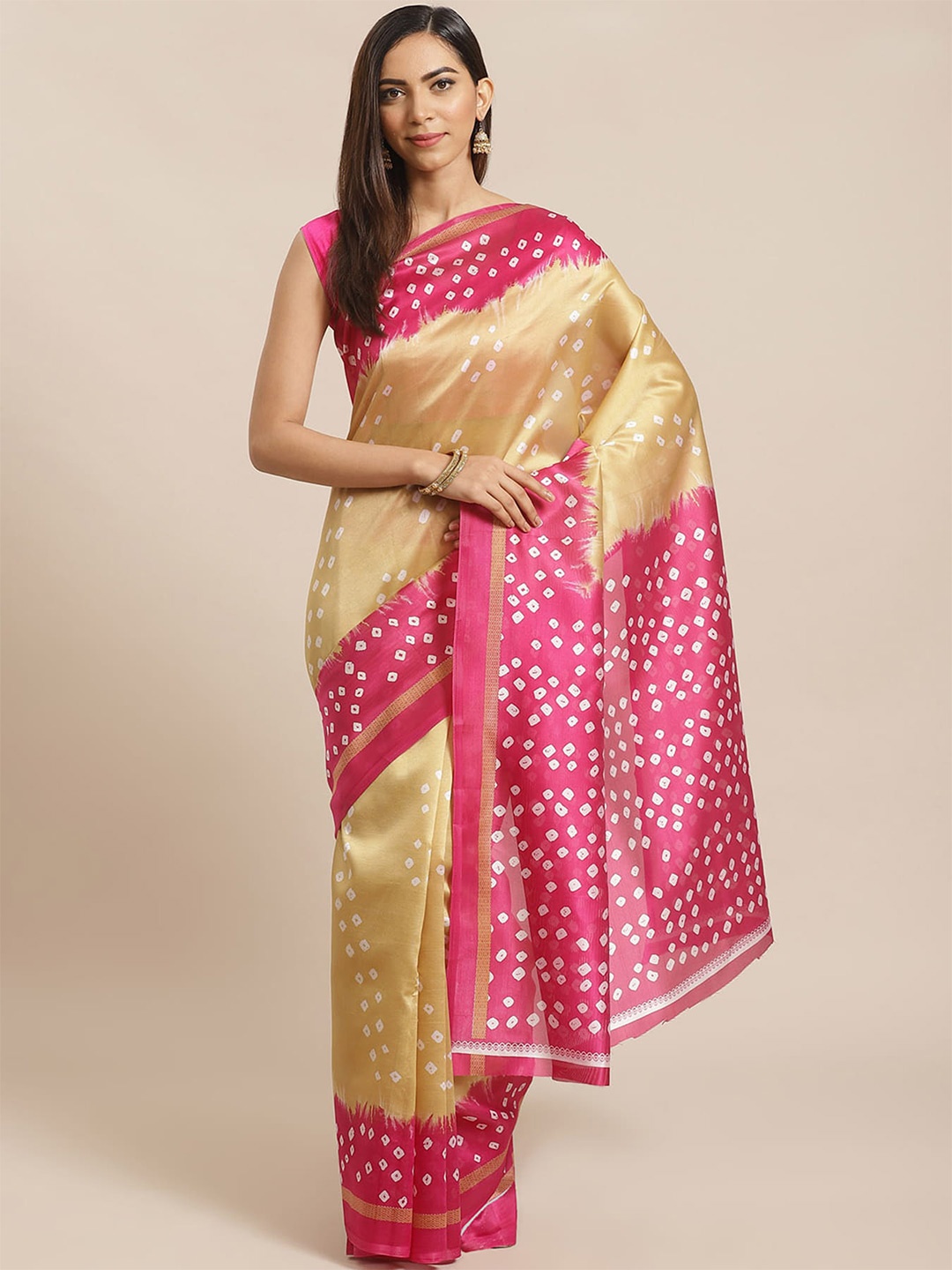 

KALINI Bandhani Art Silk Banarasi Saree, Beige