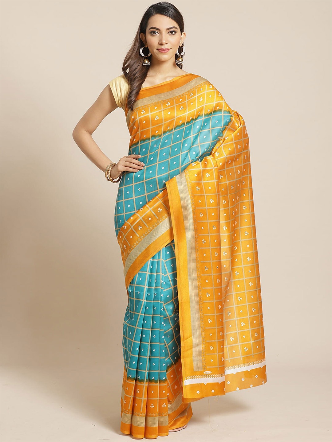 

KALINI Checked Art Silk Banarasi Saree, Blue