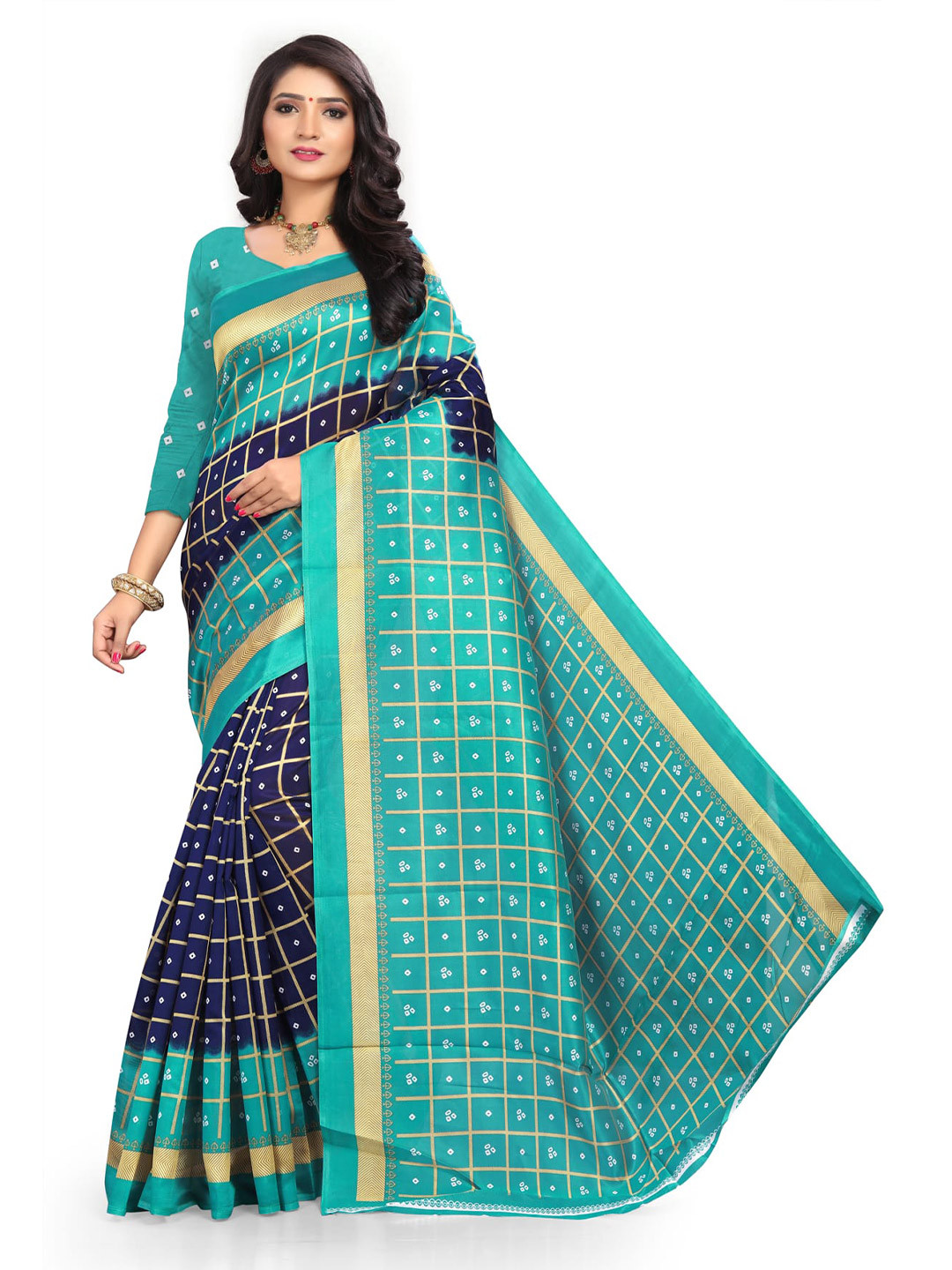 

KALINI Checked Art Silk Banarasi Saree, Blue