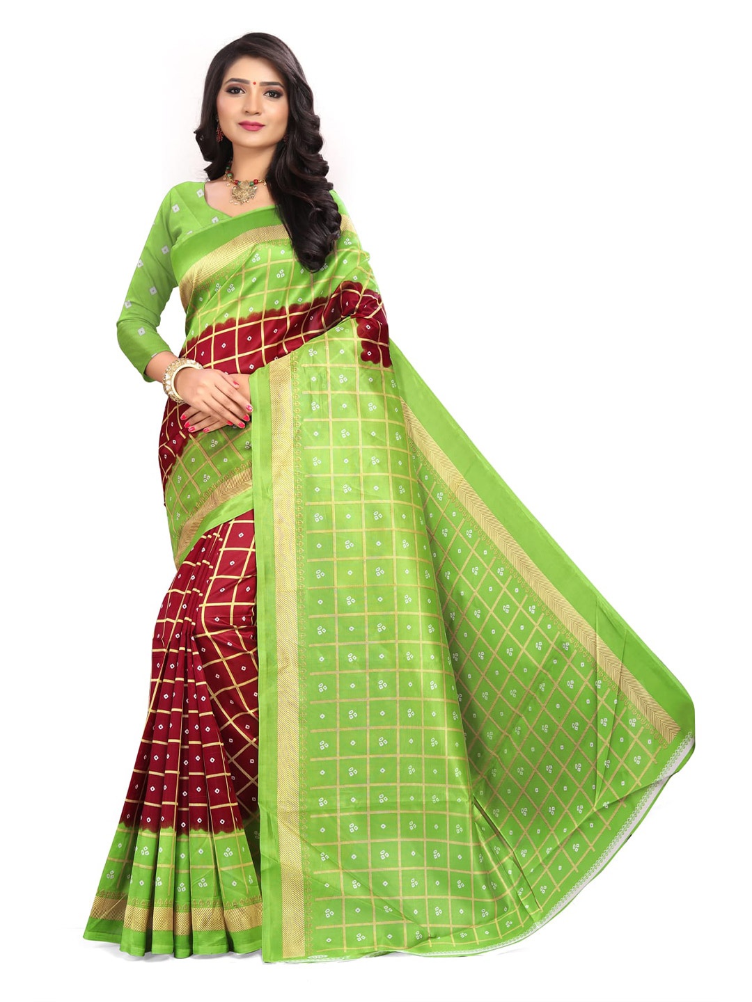 

KALINI Checked Art Silk Banarasi Saree, Maroon