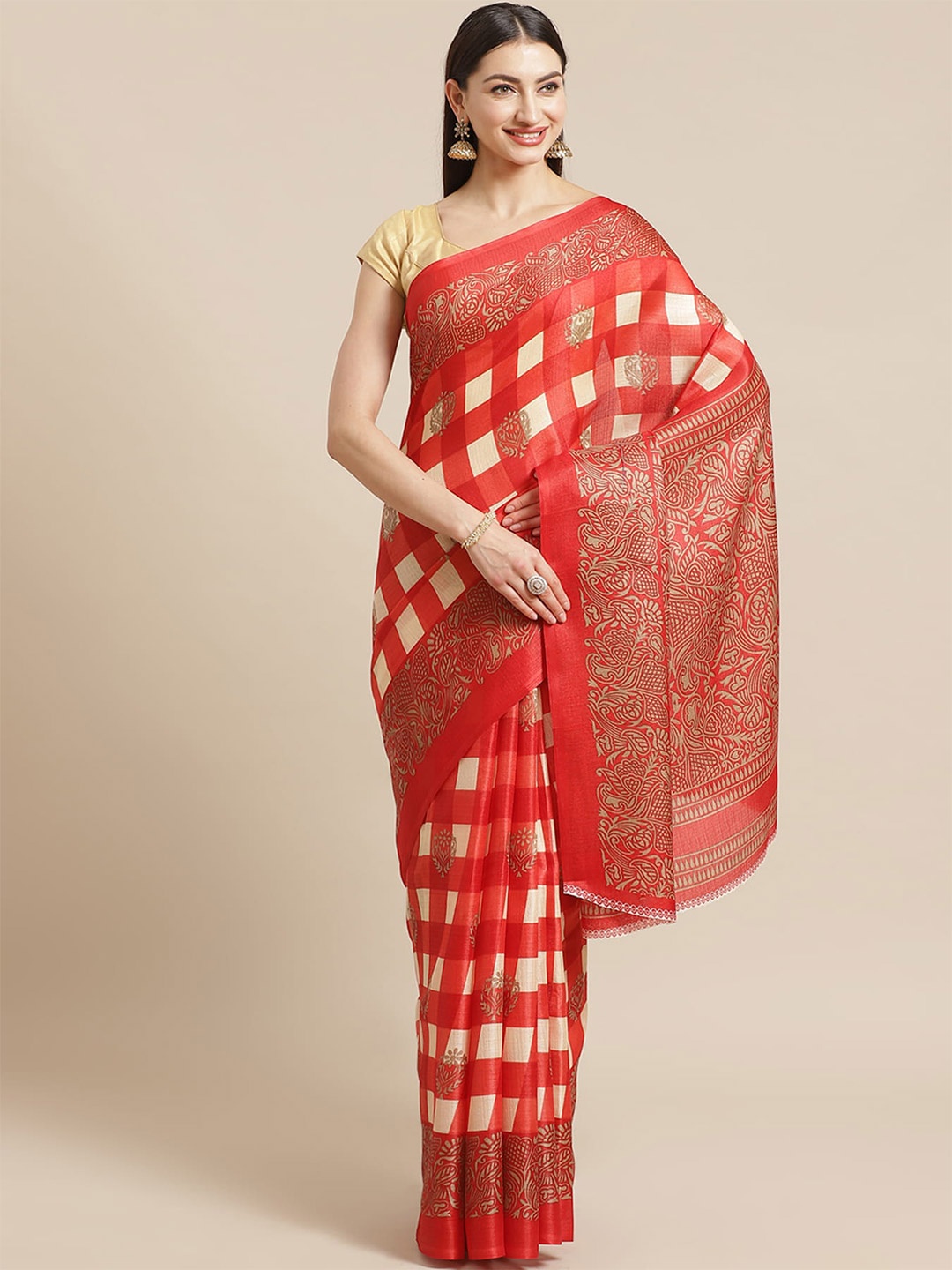 

KALINI Checked Art Silk Banarasi Saree, Red