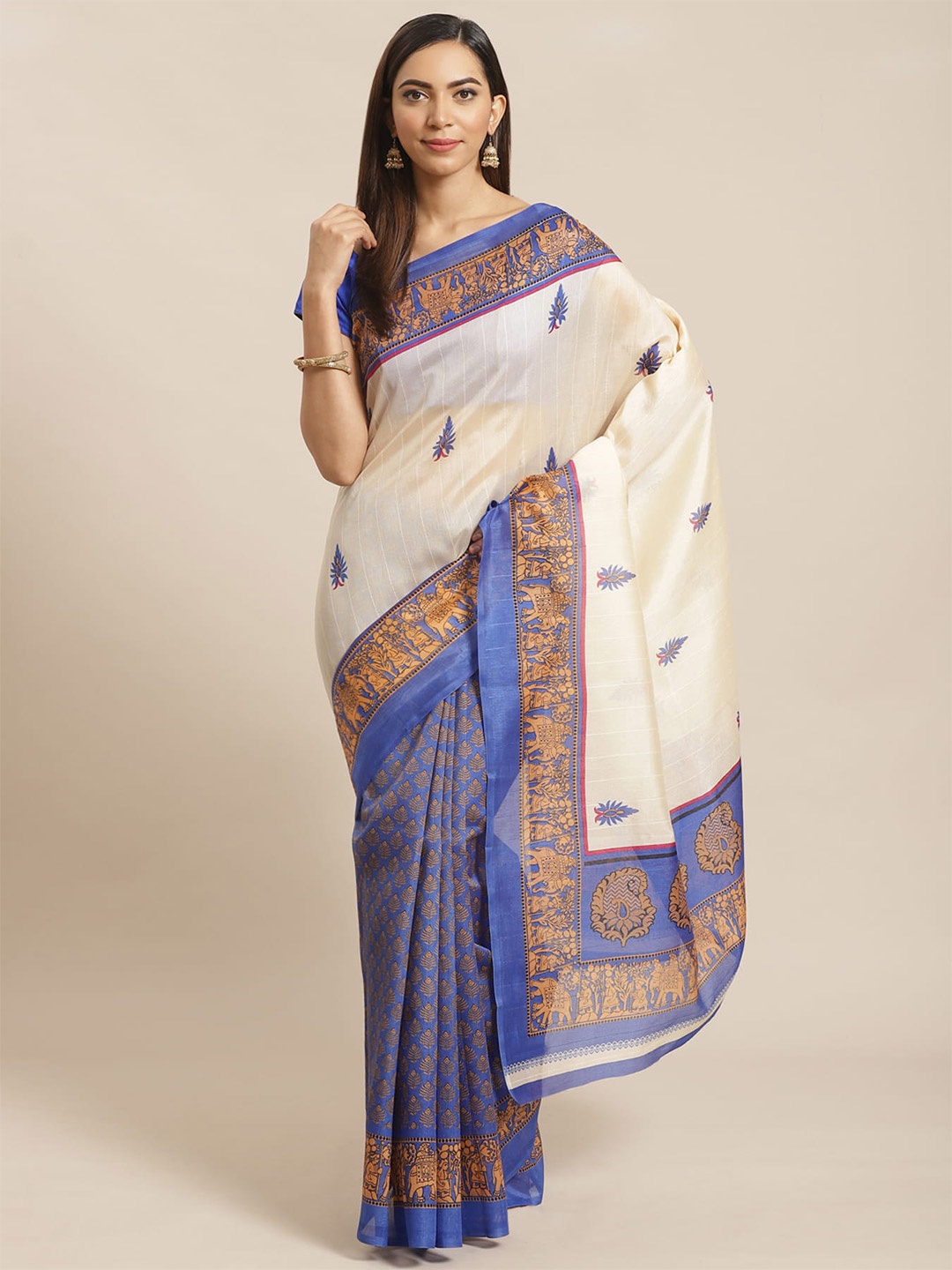 

KALINI Ethnic Motifs Printed Art Silk Banarasi Saree, Blue