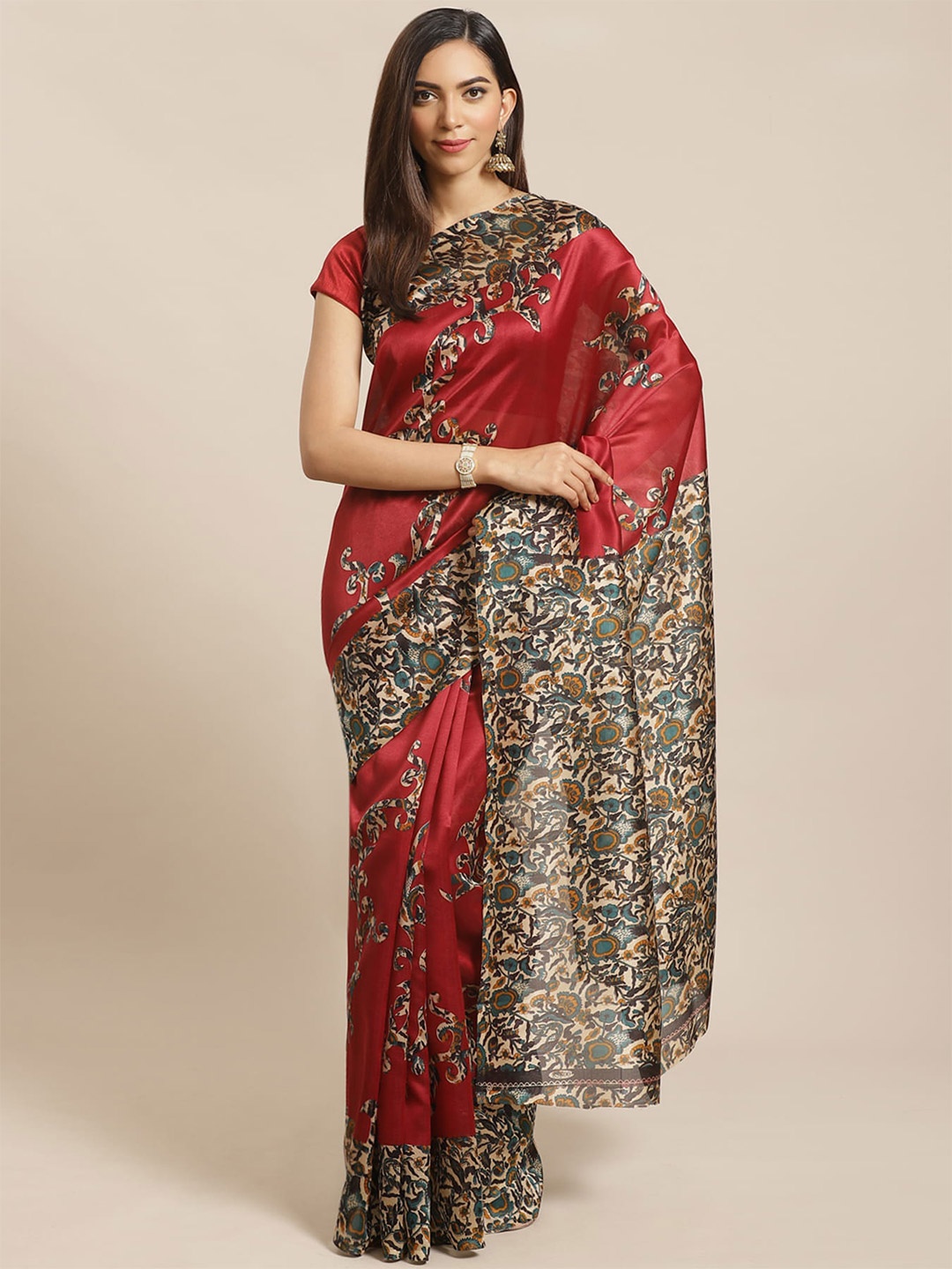

KALINI Floral Printed Art Silk Banarasi Saree, Maroon