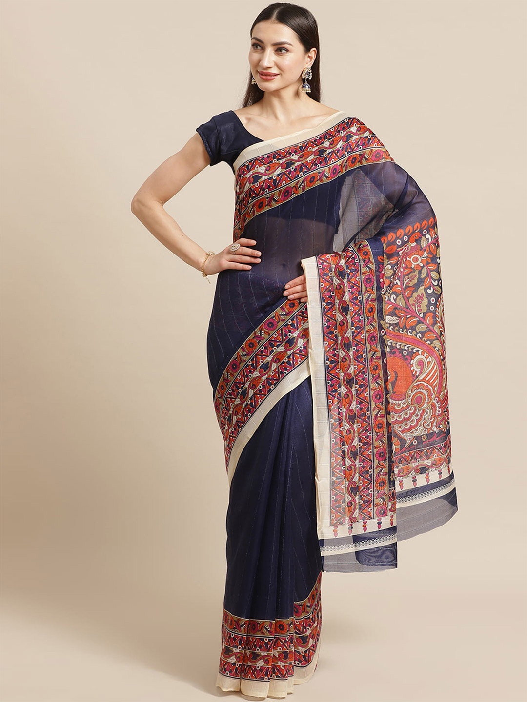 

KALINI Navy Ethnic Motifs Printed Art Silk Banarasi Saree, Navy blue
