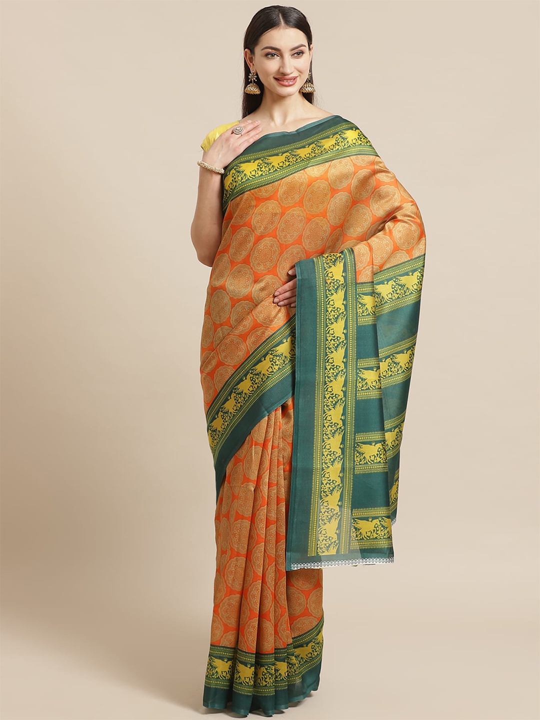 

KALINI Ethnic Motifs Printed Art Silk Banarasi Saree, Mustard