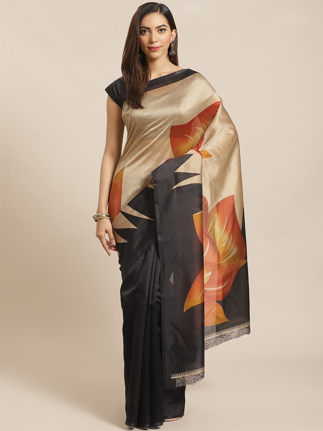 

KALINI Floral Printed Art Silk Banarasi Saree, Black