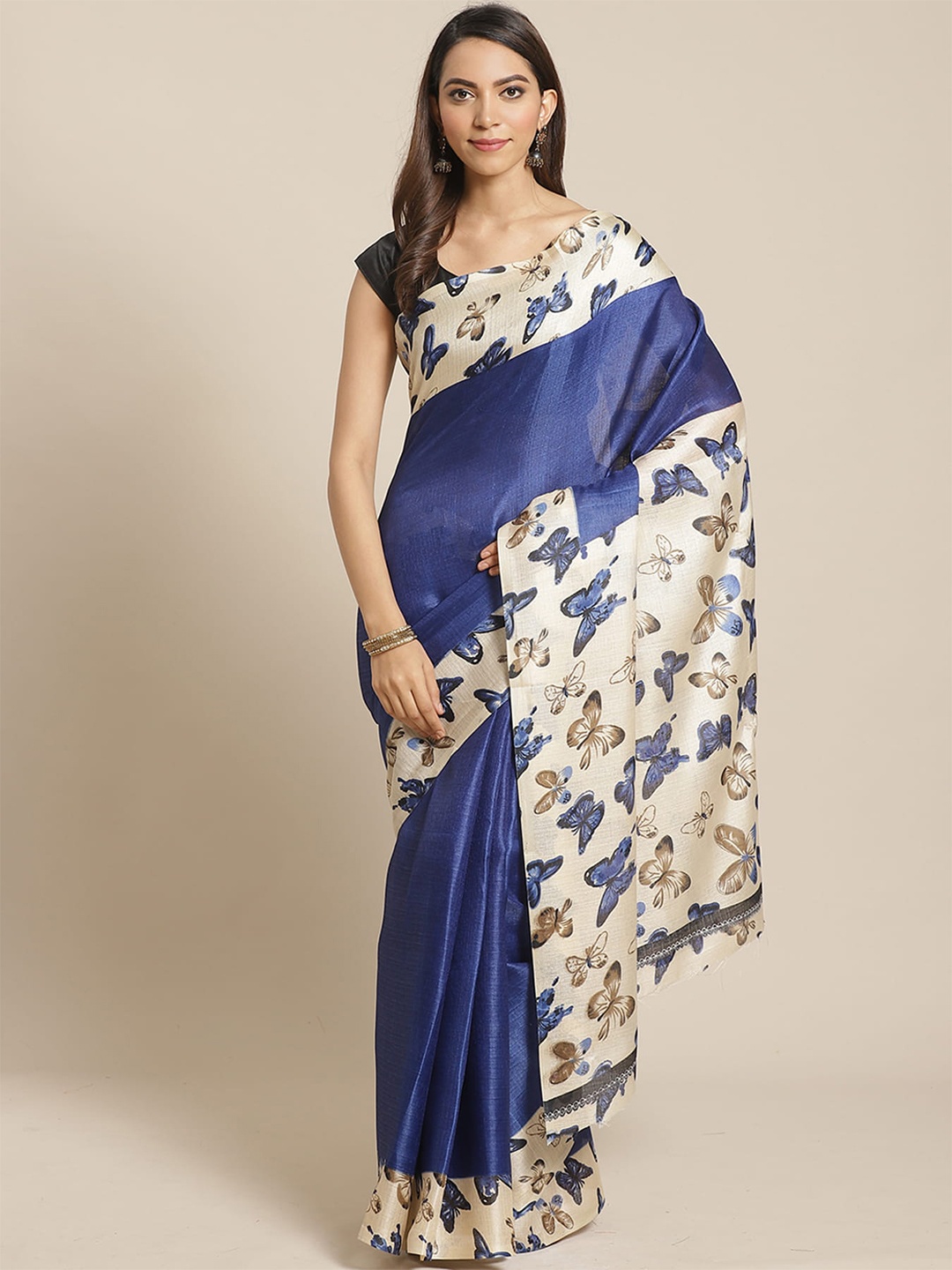 

Mitera Blue & White Ethnic Motifs Printed Banarasi Saree