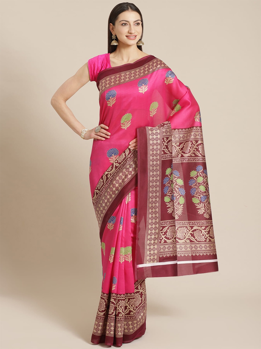 

Mitera Pink & Blue Floral Art Silk Banarasi Saree