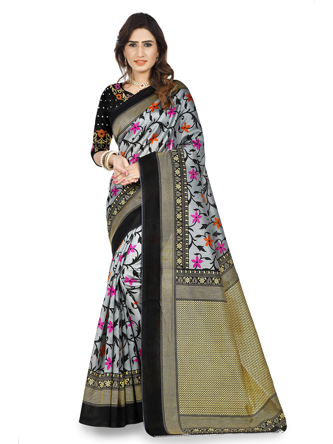 

Mitera Grey & Black Floral Printed Saree