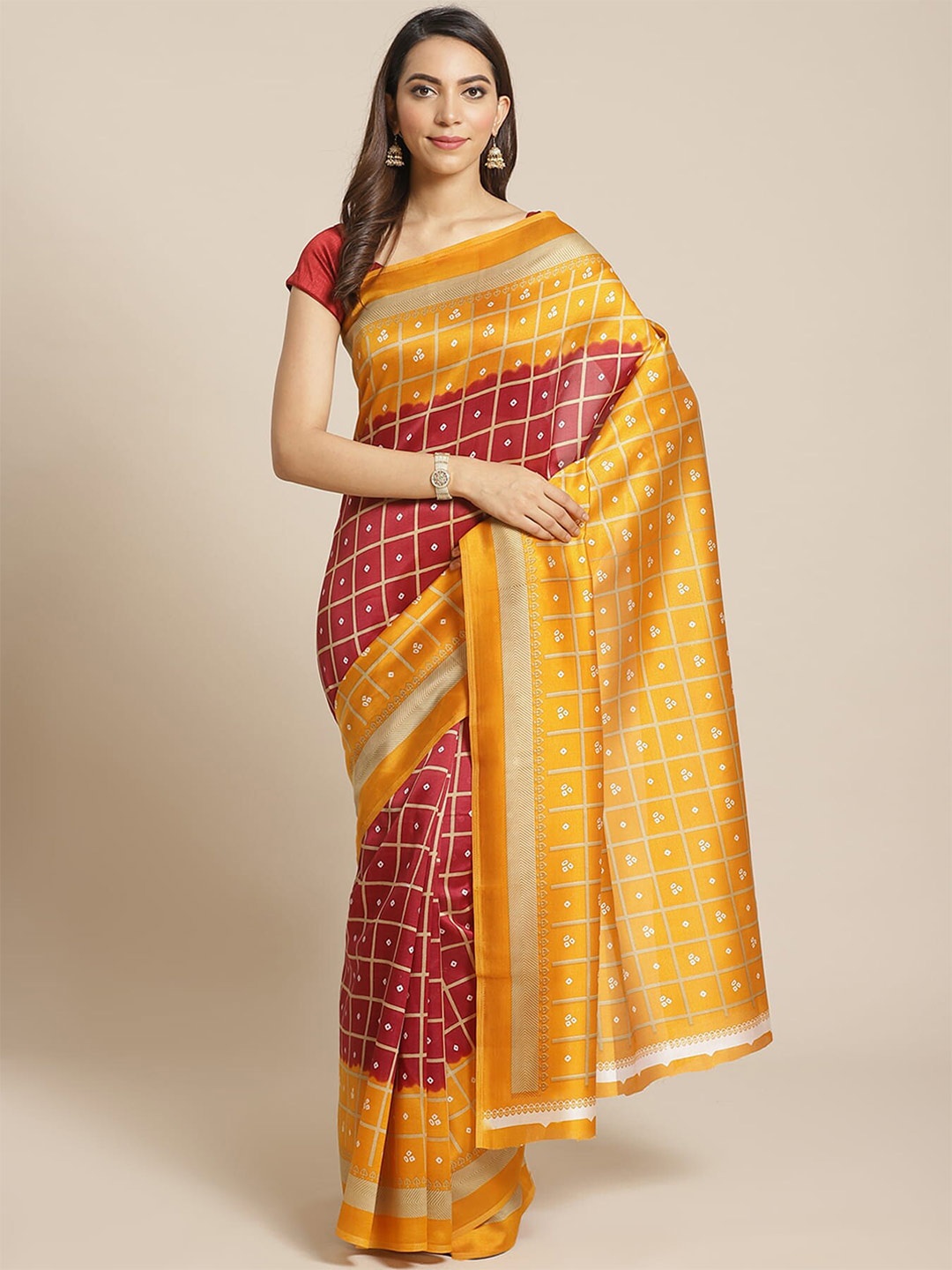 

Mitera Red & Yellow Checked Art Silk Banarasi Saree