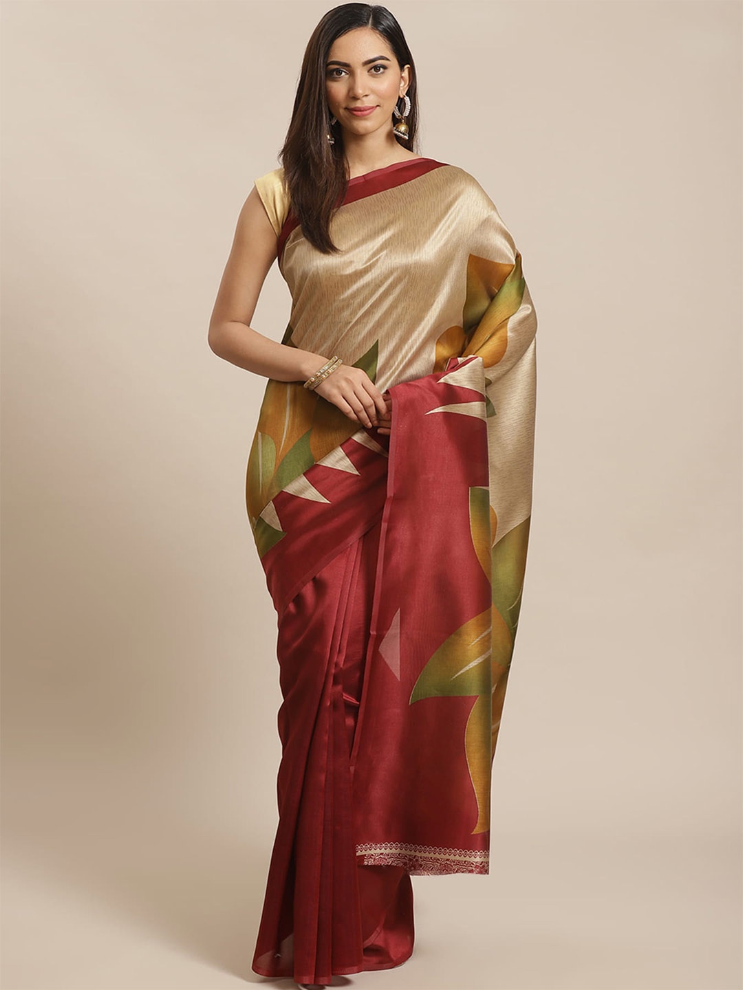 

Mitera Maroon & Beige Floral Printed Banarasi Saree