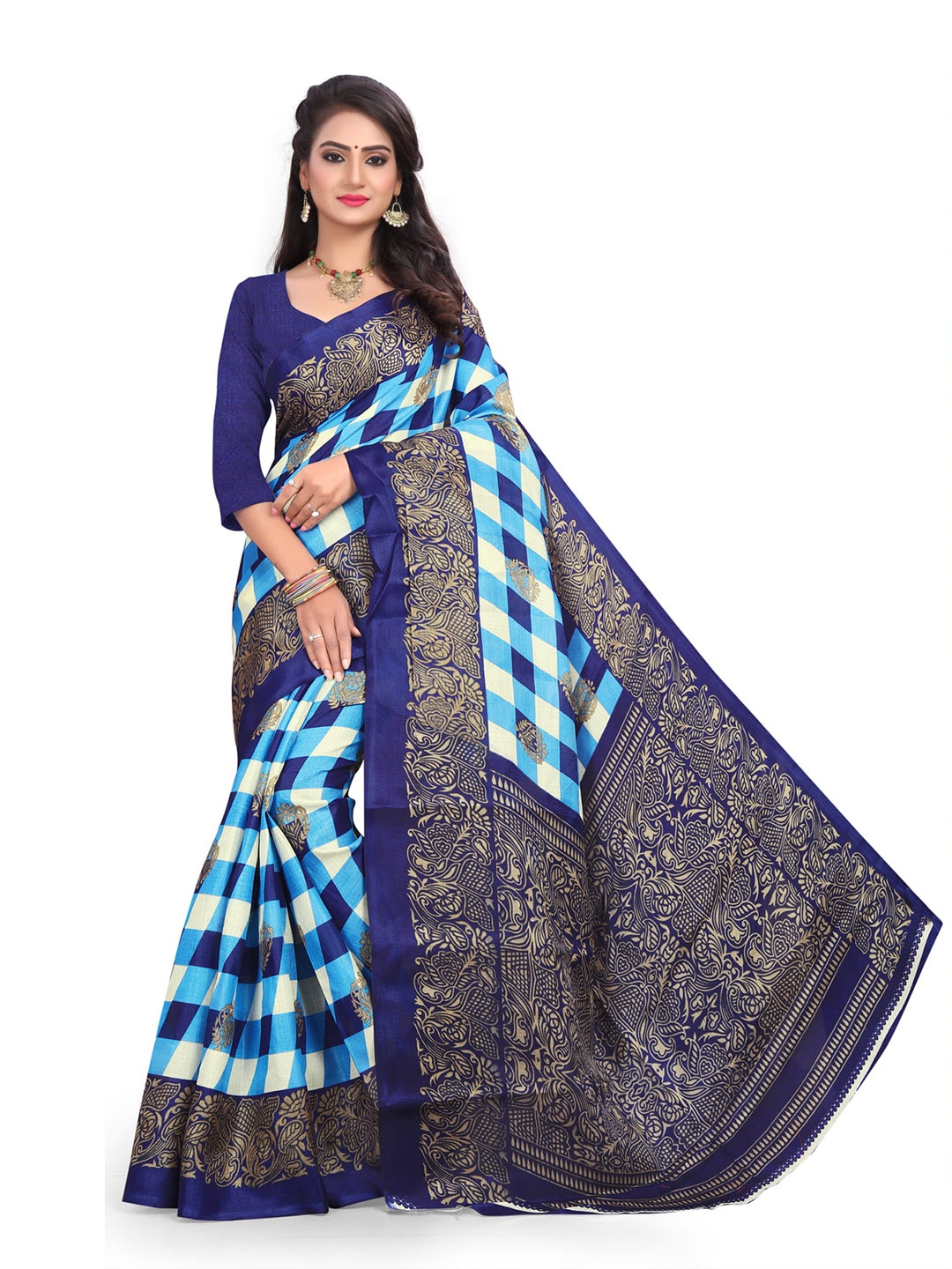 

Mitera Checked Art Silk Saree, Blue