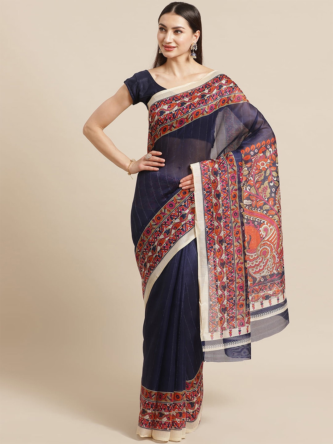 

Mitera Navy Blue & Red Ethnic Motifs Printed Banarasi Saree