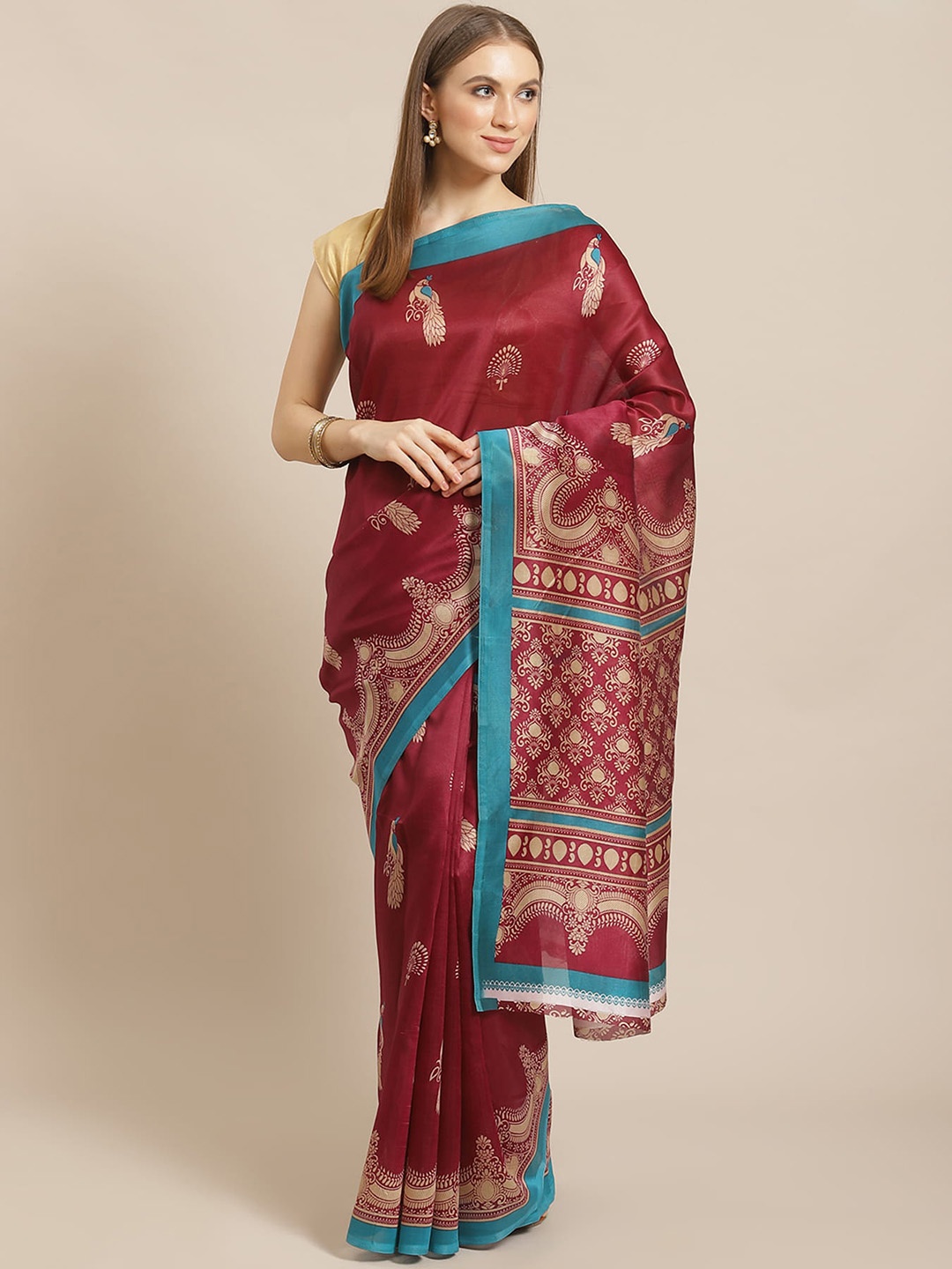 

Mitera Ethnic Motifs Printed Art Silk Saree, Maroon