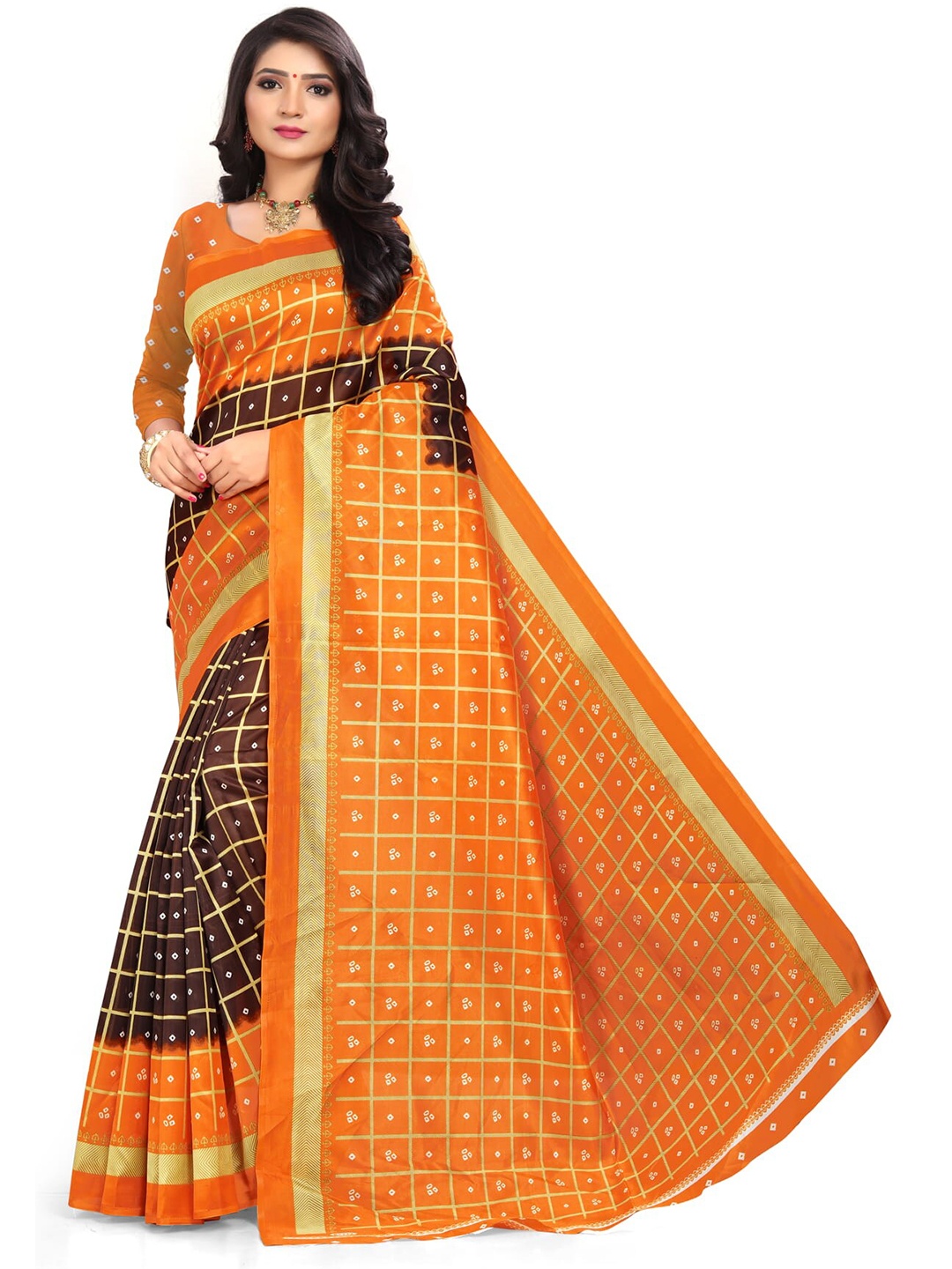 

Mitera Brown & Orange Bandhani Art Silk Banarasi Saree