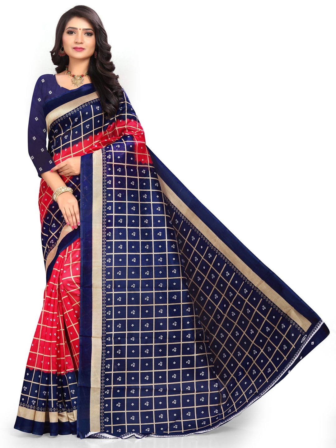 

Mitera Checked Art Silk Banarasi Saree, Red