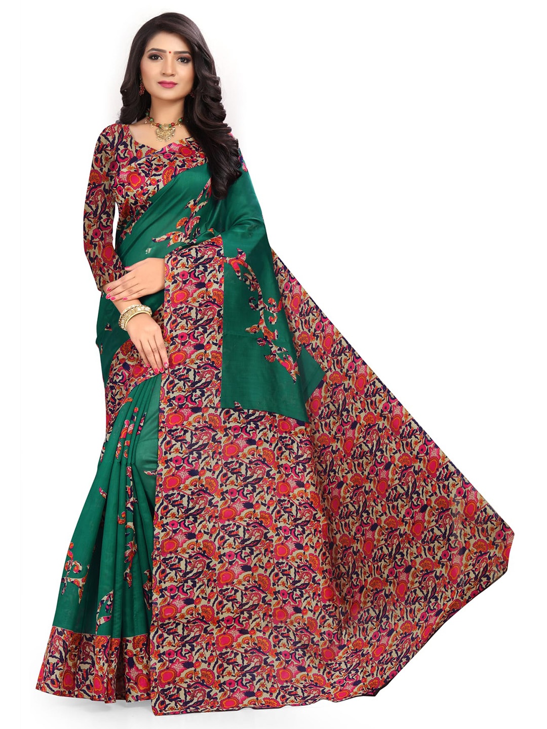 

Mitera Green & Red Ethnic Motifs Art Silk Banarasi Saree