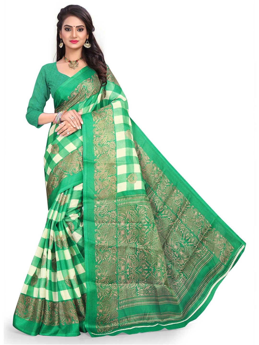 

Mitera Green & White Checked Saree