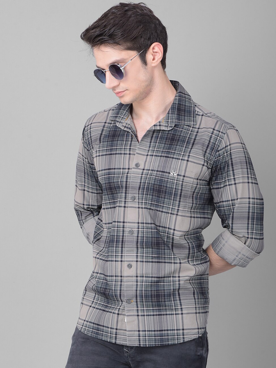 

Crimsoune Club Slim Fit Tartan Checked Pure Cotton Casual Shirt, Grey