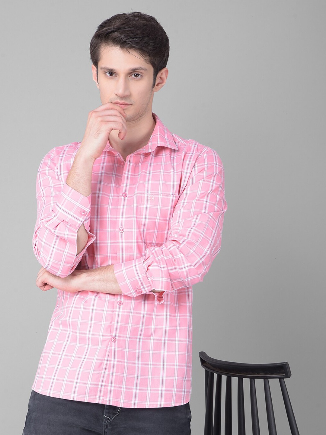 

Crimsoune Club Slim Fit Tartan Checked Pure Cotton Casual Shirt, Pink