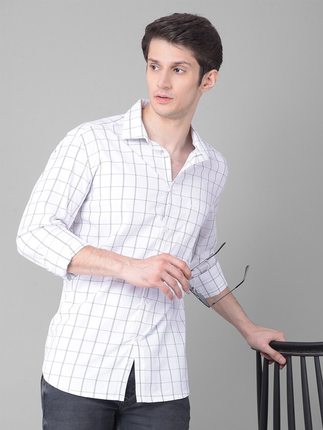 

Crimsoune Club Slim Fit Grid Tattersall Checks Cotton Casual Shirt, White