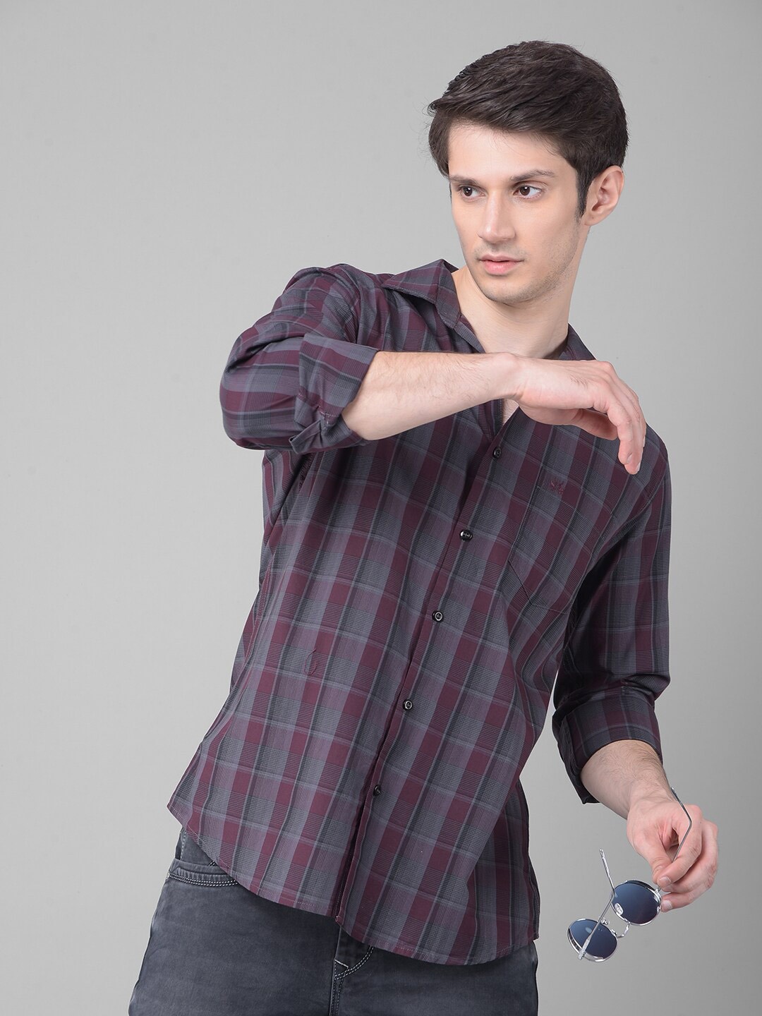 

Crimsoune Club Slim Fit Tartan Checks Long Sleeves Pocket Cotton Casual Shirt, Grey
