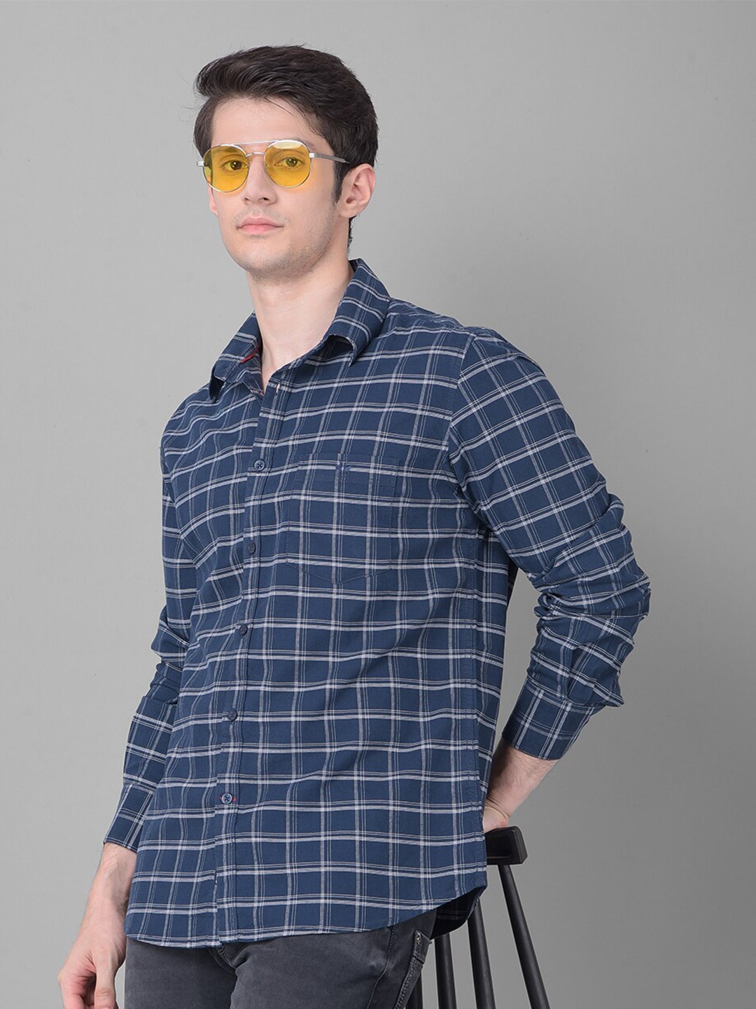 

Crimsoune Club Slim Fit Windowpane Checked Pure Cotton Casual Shirt, Navy blue