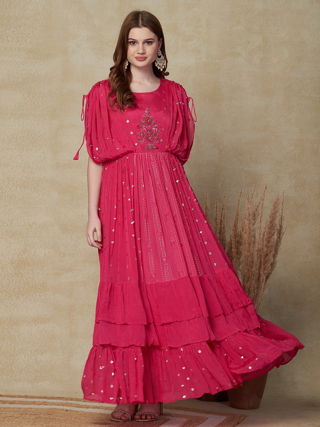 

FASHOR Pink Embellished Sequined Crepe Maxi Ethnic Dress