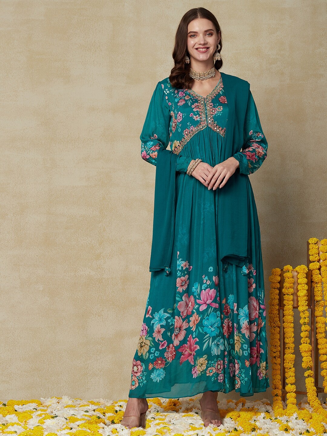 

FASHOR Teal Blue & Pink Floral Printed Mirror Work Crepe Maxi Ethnic Dresses With Dupatta