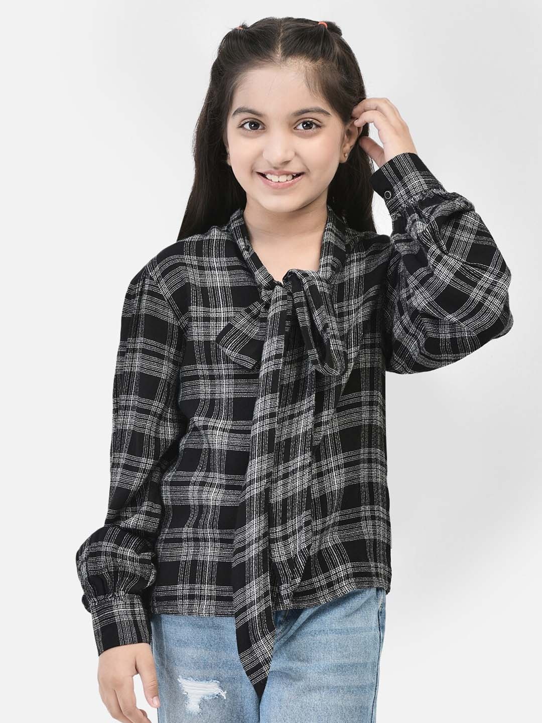 

Crimsoune Club Girls Checked Tie Ups Neck Casual Shirt, Black