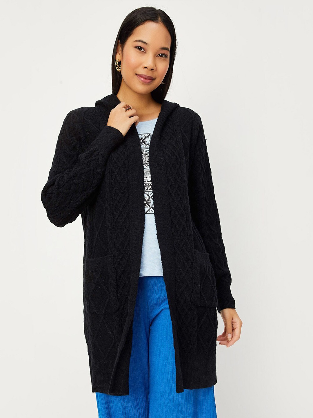 

max Acrylic Self Design Hooded Longline Shrug, Black