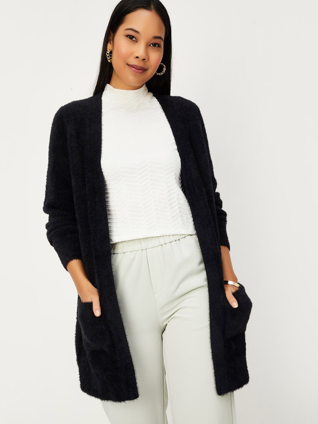 

max Acrylic Self Design Hooded Longline Shrug, Black