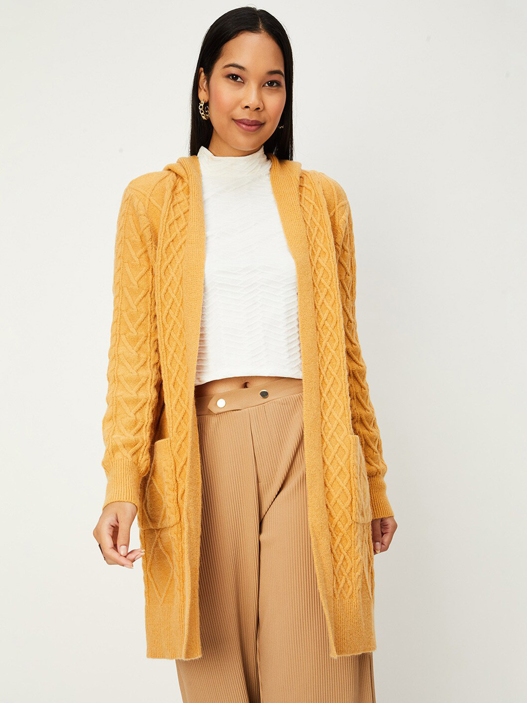 

max Acrylic Self Design Hooded Longline Shrug, Yellow