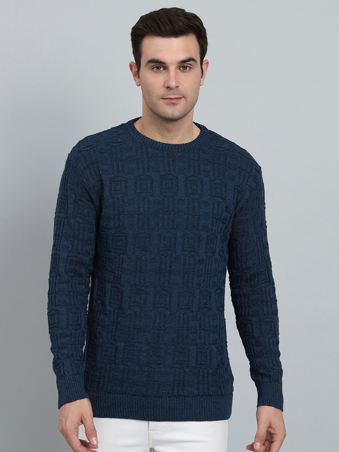 

eWools Geometric Self Design Woollen Pullover, Navy blue