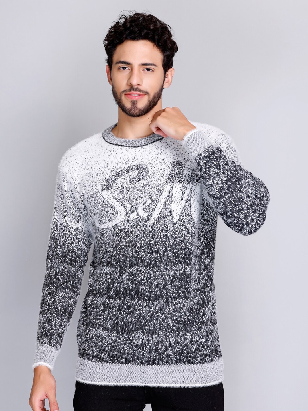 

eWools Typography Self Design Woollen Pullover, Grey
