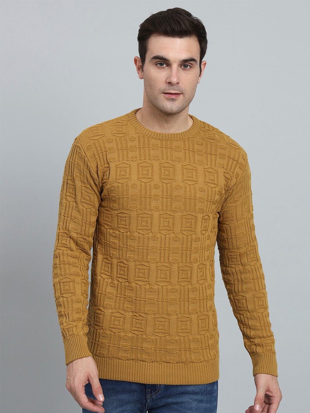 

eWools Geometric Self Design Woollen Pullover Sweater, Gold
