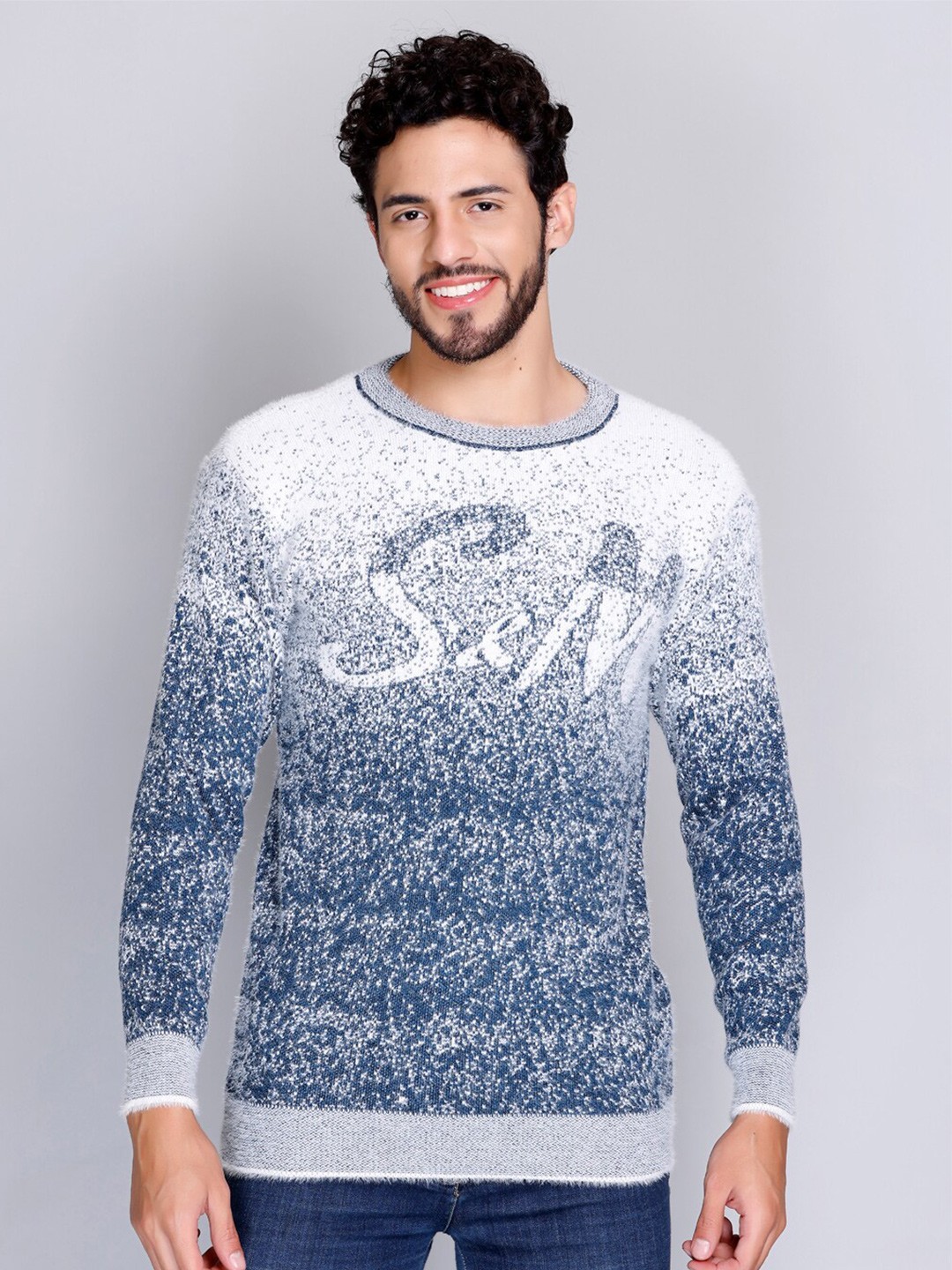 

eWools Typography Self Deign Woollen Pullover, Blue