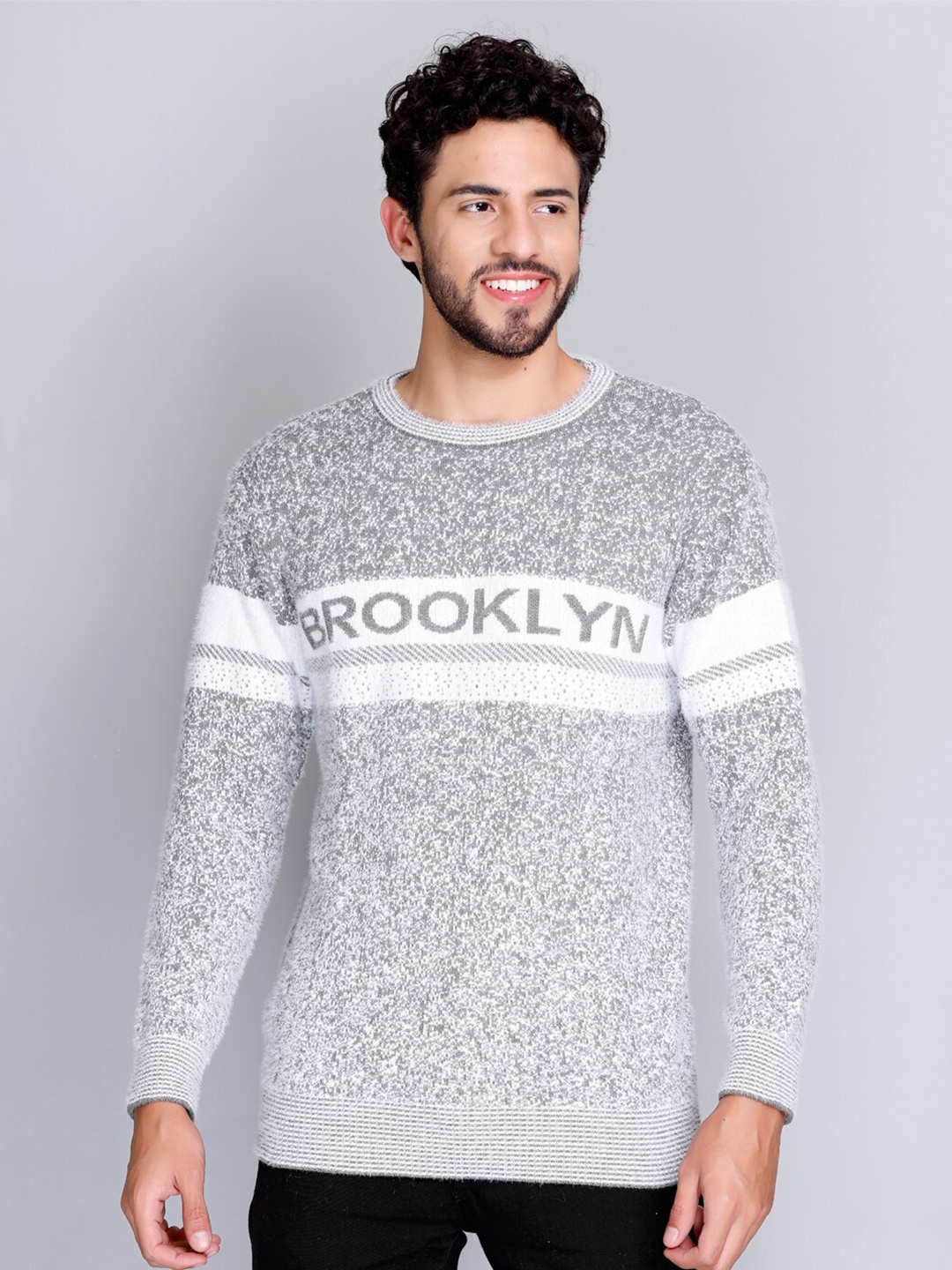 

eWools Typography Self Design Woollen Pullover Sweater, Grey