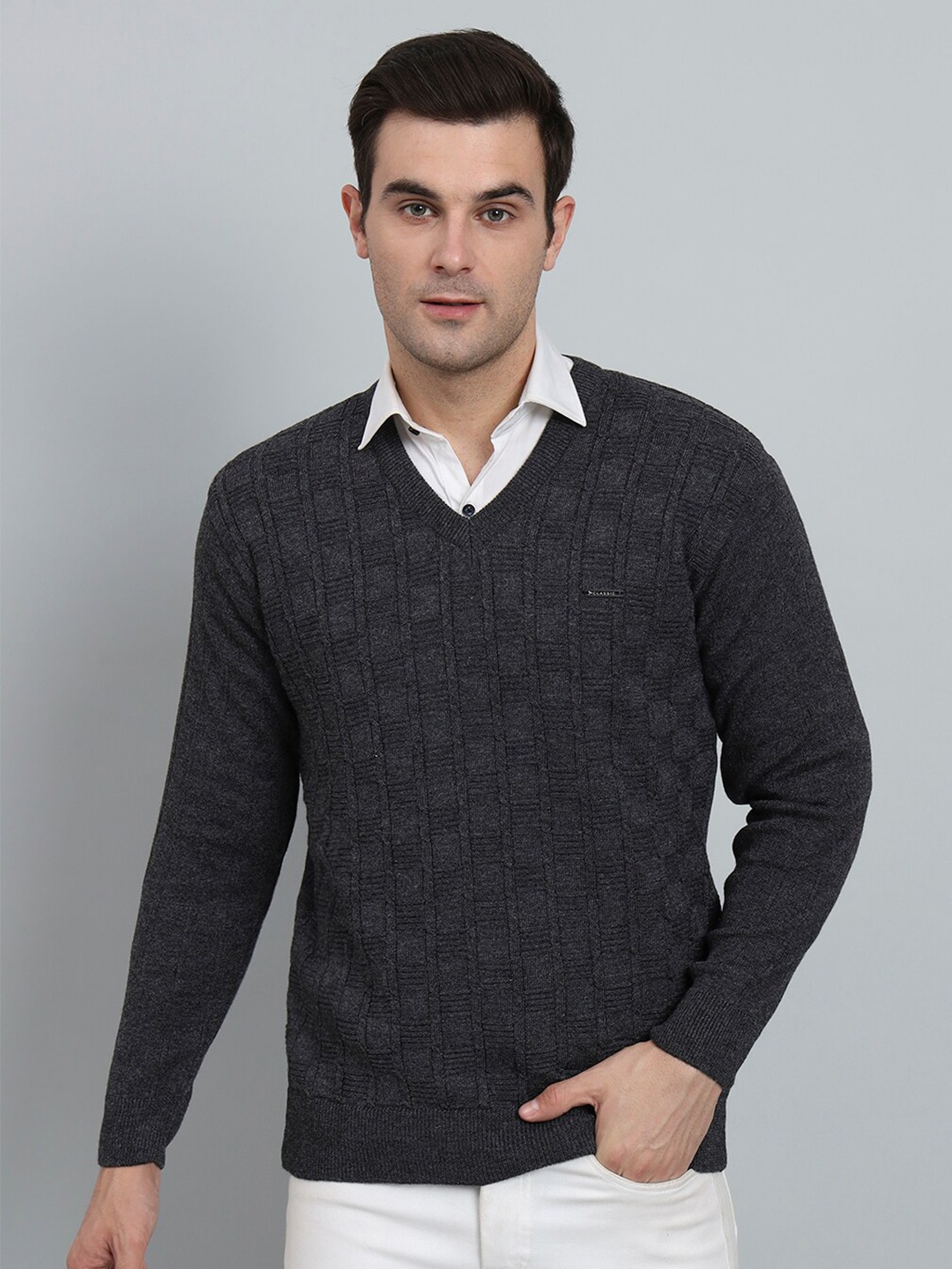 

eWools Self Design Long Sleeves Woollen Pullover, Grey