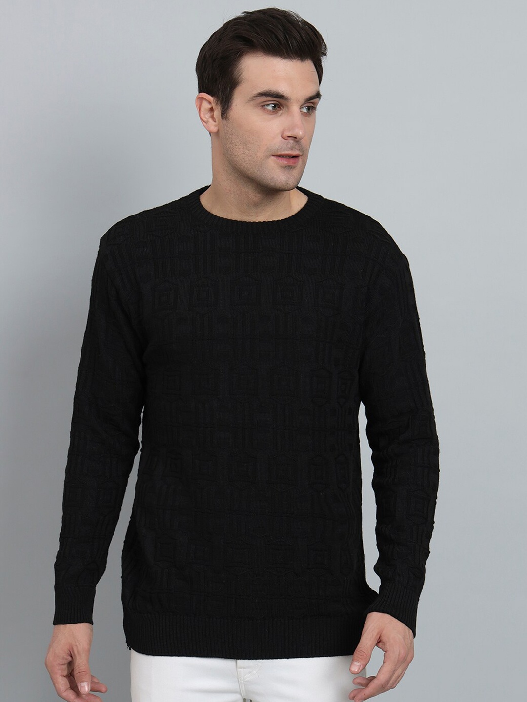 

eWools Geometric Self Designed Pure Wool Pullover, Black